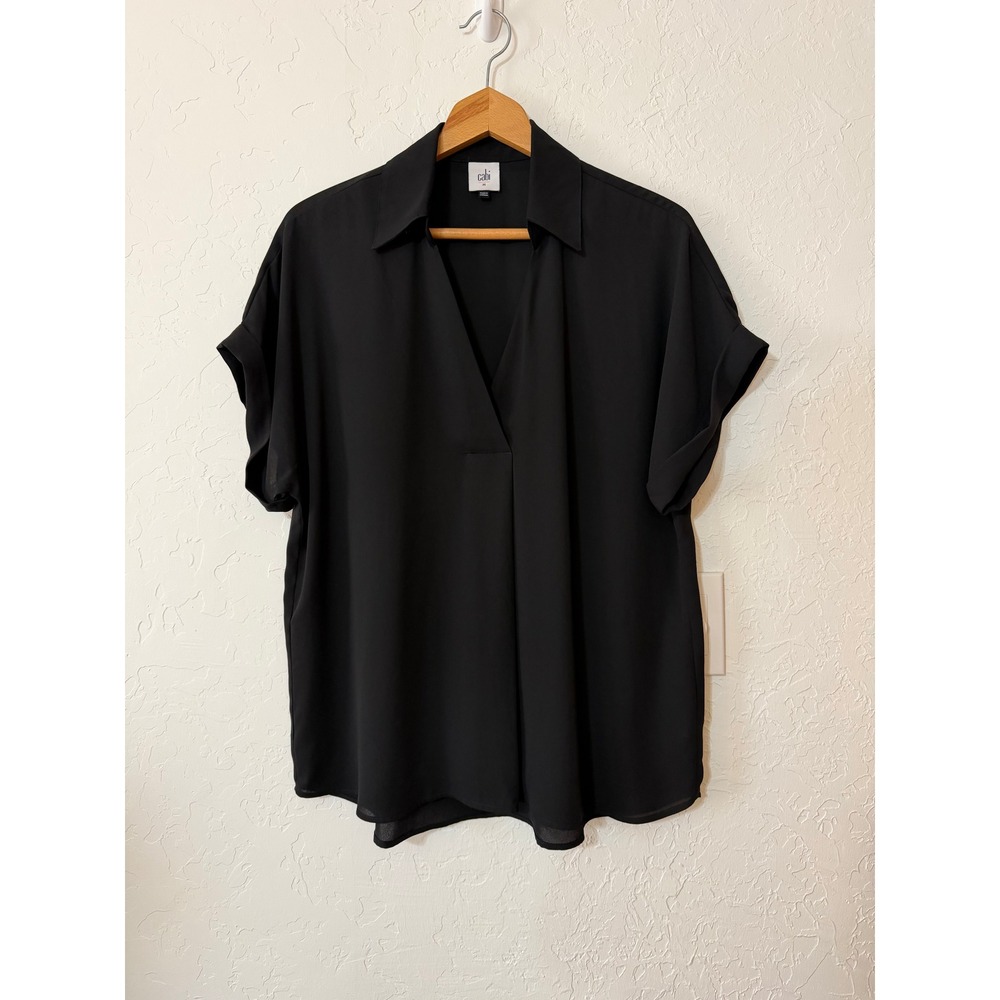 cabi Replay Blouse M Black Roll Sleeve Split V-Neck Popover Crepe Top 3964